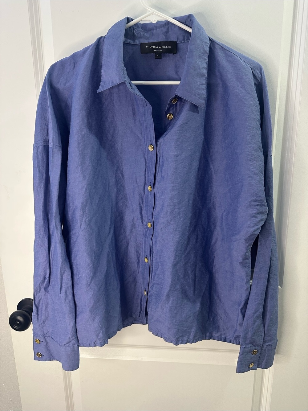 Hilton Hollis Blue Linen Blend Button Down Shirt Women’s Large Luxury Designer